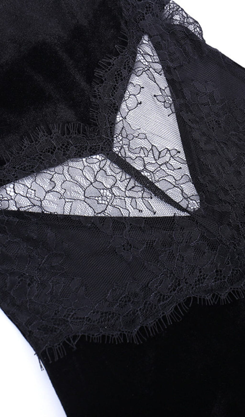 BLACK VELVET PATCHWORK LACE HALTER MAXI DRESS styleofcb 