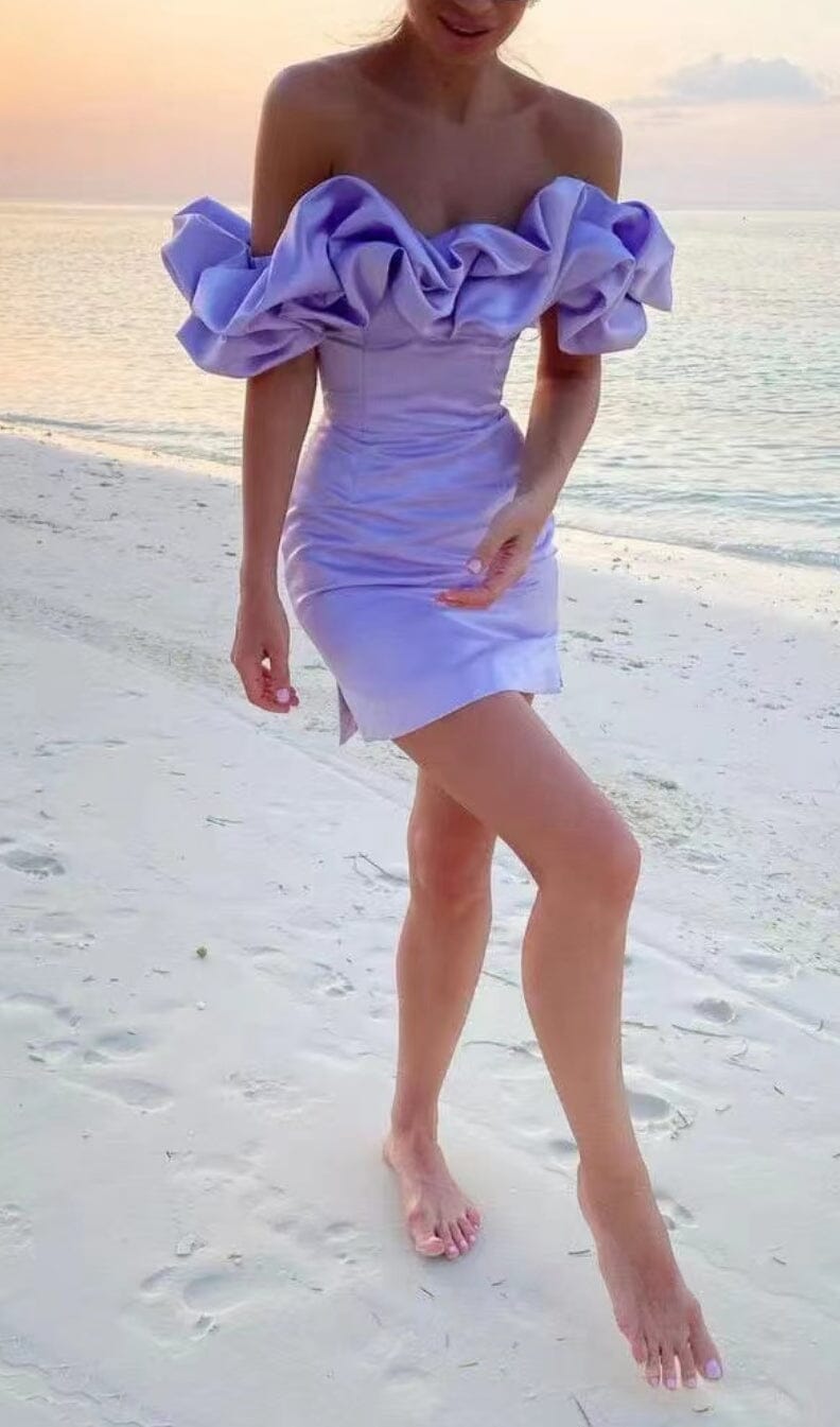 SATIN A-LINE NECKLINE POD RUFFLE MINI DRESS IN PURPLE styleofcb 