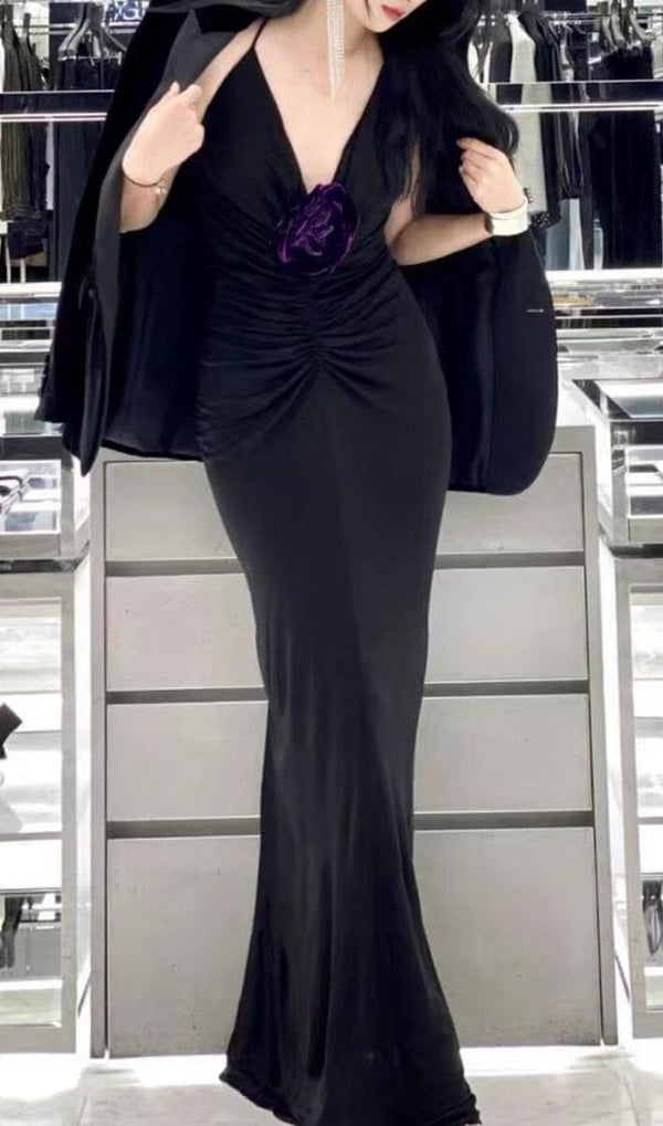 POLYESTER FLORAL RUFFLE SLIMMING HALTER MAXI DRESS IN BLACK styleofcb 