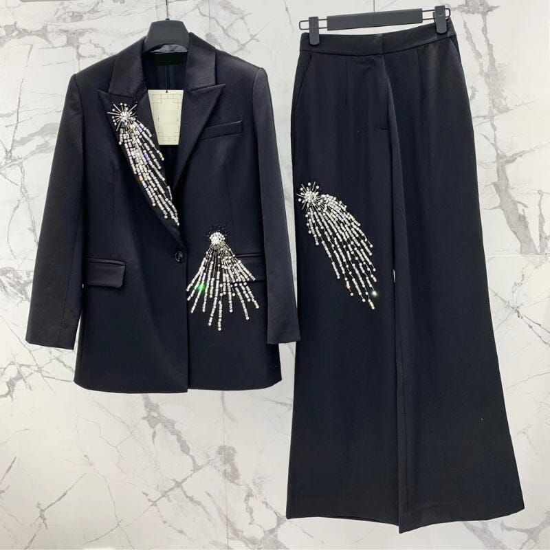 CRYSTAL EMBELLISHED CREPE SUIT SET IN BLACK STYLE OF CB 