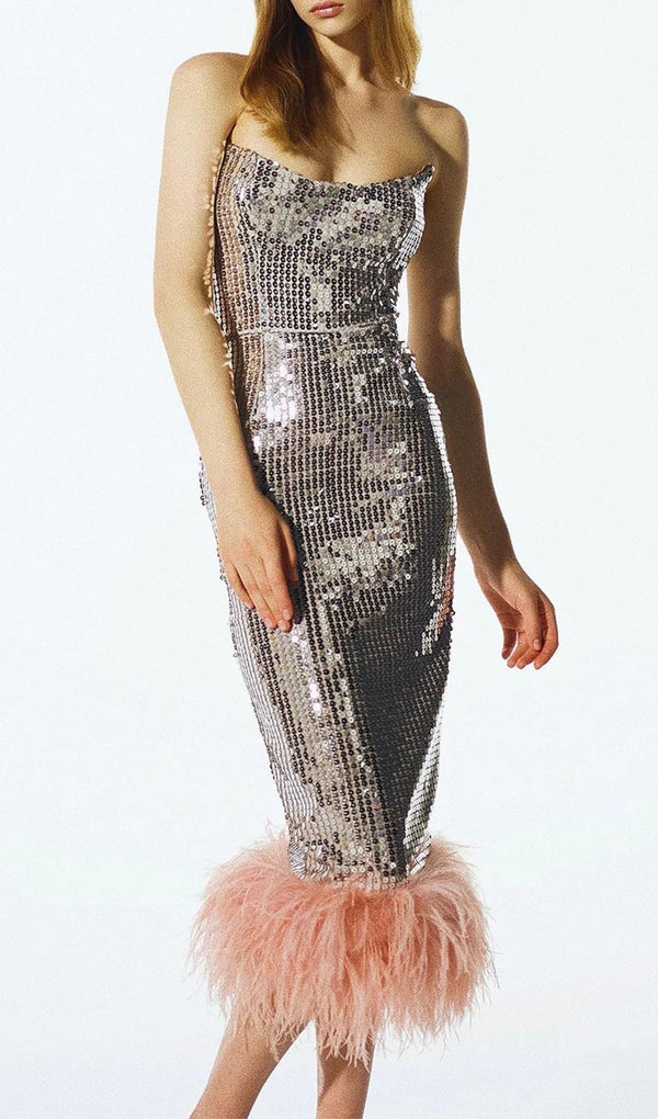 STRAPLESS SEQUIN FEATHER MIDI DRESS IN SILVER Dresses styleofcb 