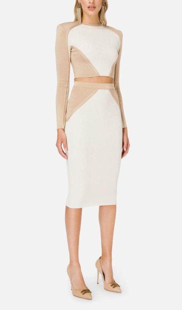 BANDAGE SLIM SPLICE TWO PIECE WRAP DRESS IN APRICOT WHITE styleofcb 