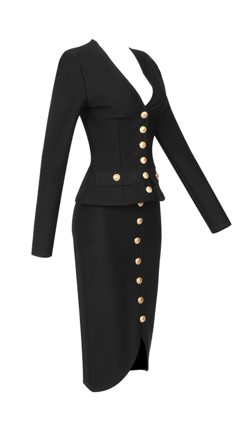 V-NECK METAL BUTTON DECORATIVE SLIM FIT SKIRT IN BLACK styleofcb 