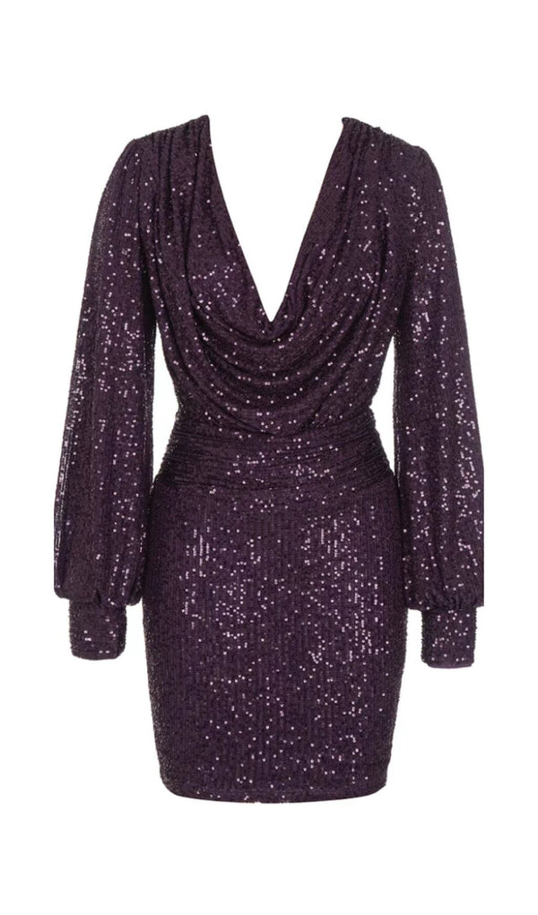 GLITTER PLEATS BIG V-NECK WRAP HIP DRESS IN PURPLE styleofcb 