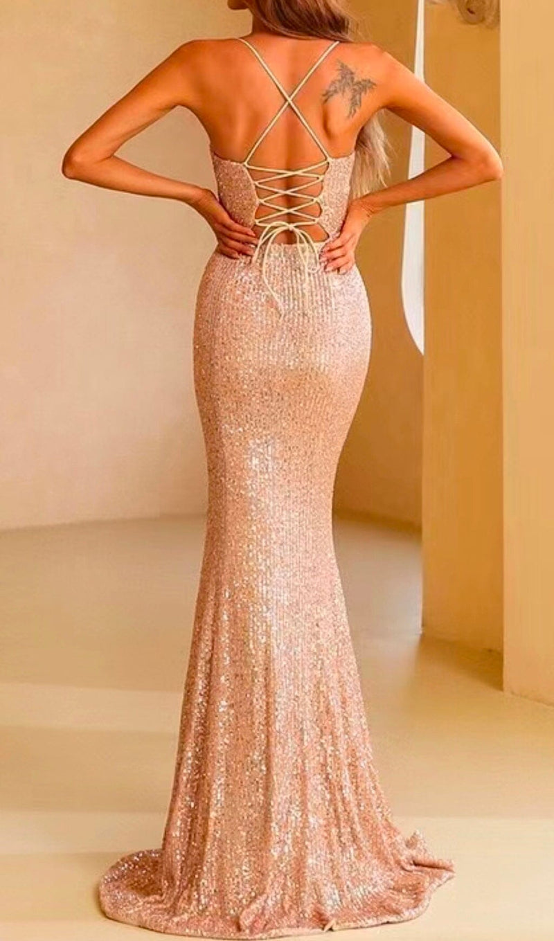 LIGHT PINK SEQUIN BACK CROSS-TIE MAXI DRESS styleofcb 