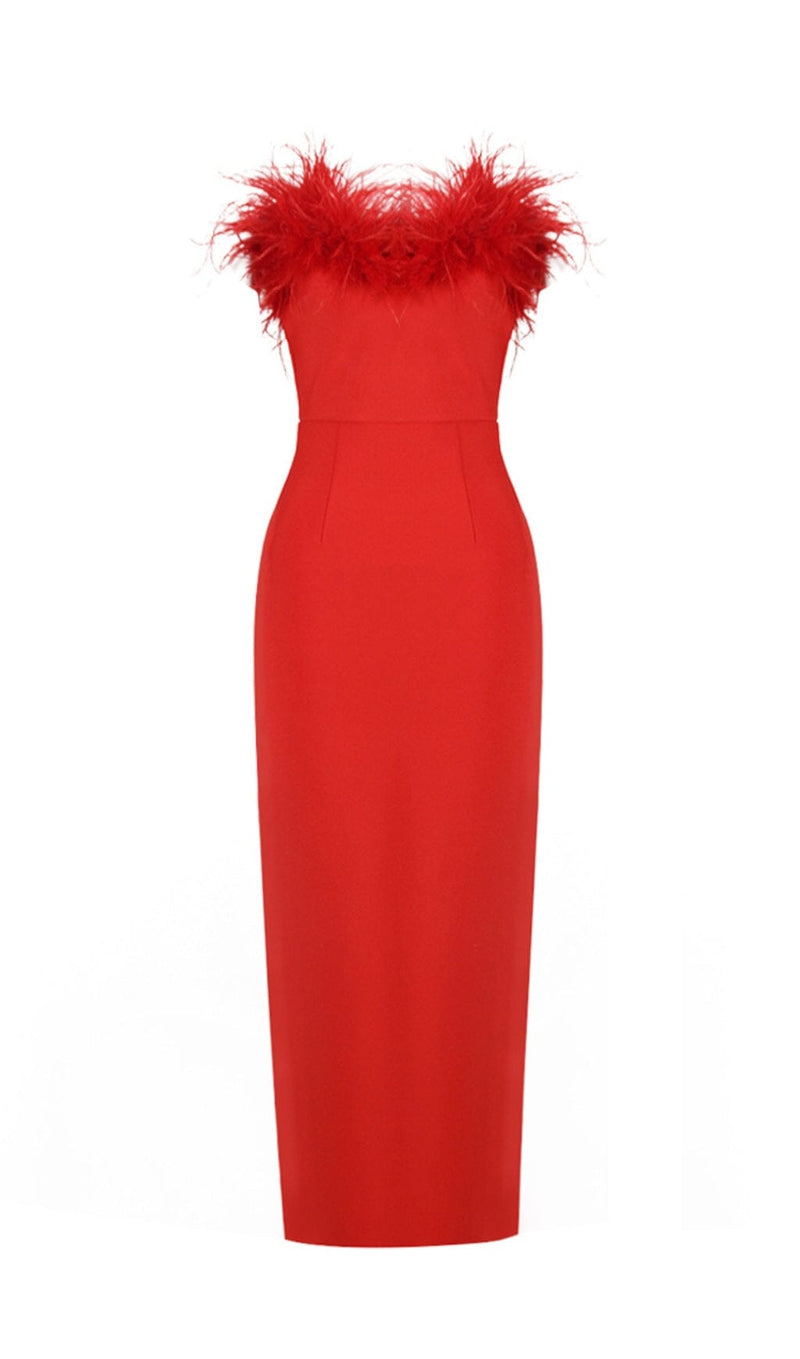 STRETCH STRAPLESS FEATHER TRIMMED GOWN IN RED styleofcb 