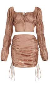 LONG SLEEVES RUCHED TWO PIECE SET Clothing styleofcb XS COFFEE 