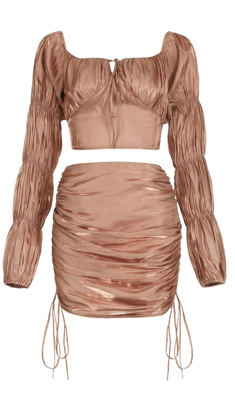 LONG SLEEVES RUCHED TWO PIECE SET Clothing styleofcb XS COFFEE 