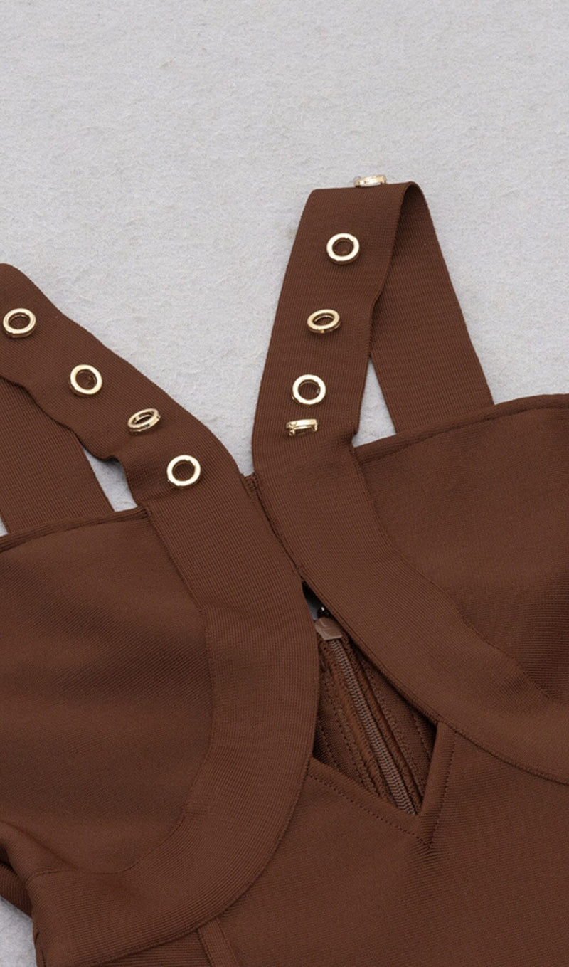 BROWN SLEEVELESS CHEST HOLLOW FRINGE HEM SKINNY MAXI DRESS styleofcb 