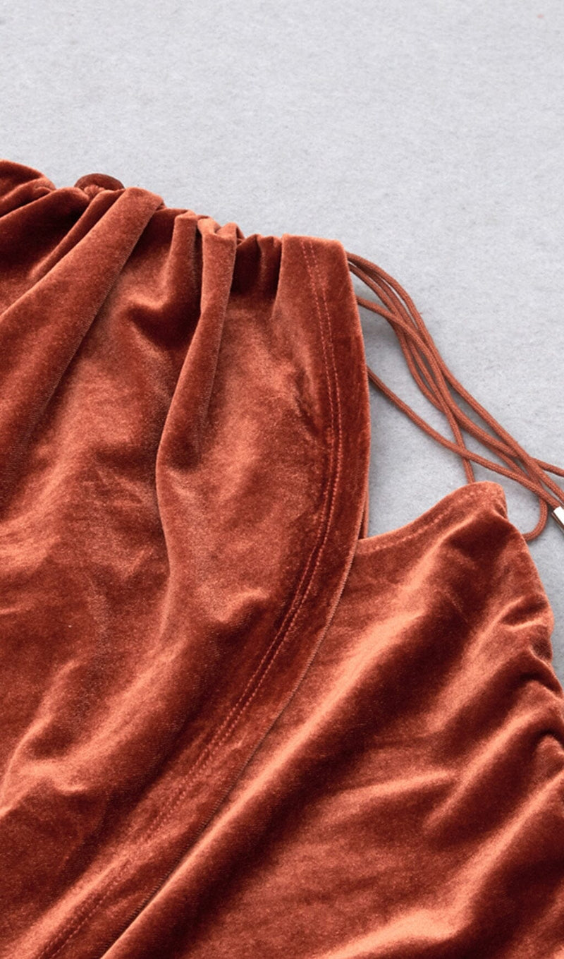 BROWN VELVET DRAWSTRING HIP WRAP MIDI DRESS styleofcb 