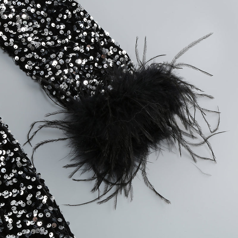 SEQUIN FEATHER LONG SLEEVES MIDI DRESS styleofcb 