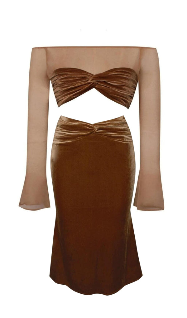 VELVET MESH SLEEVE TWO PIECE SUIT Tops styleofcb COFFEE XS 