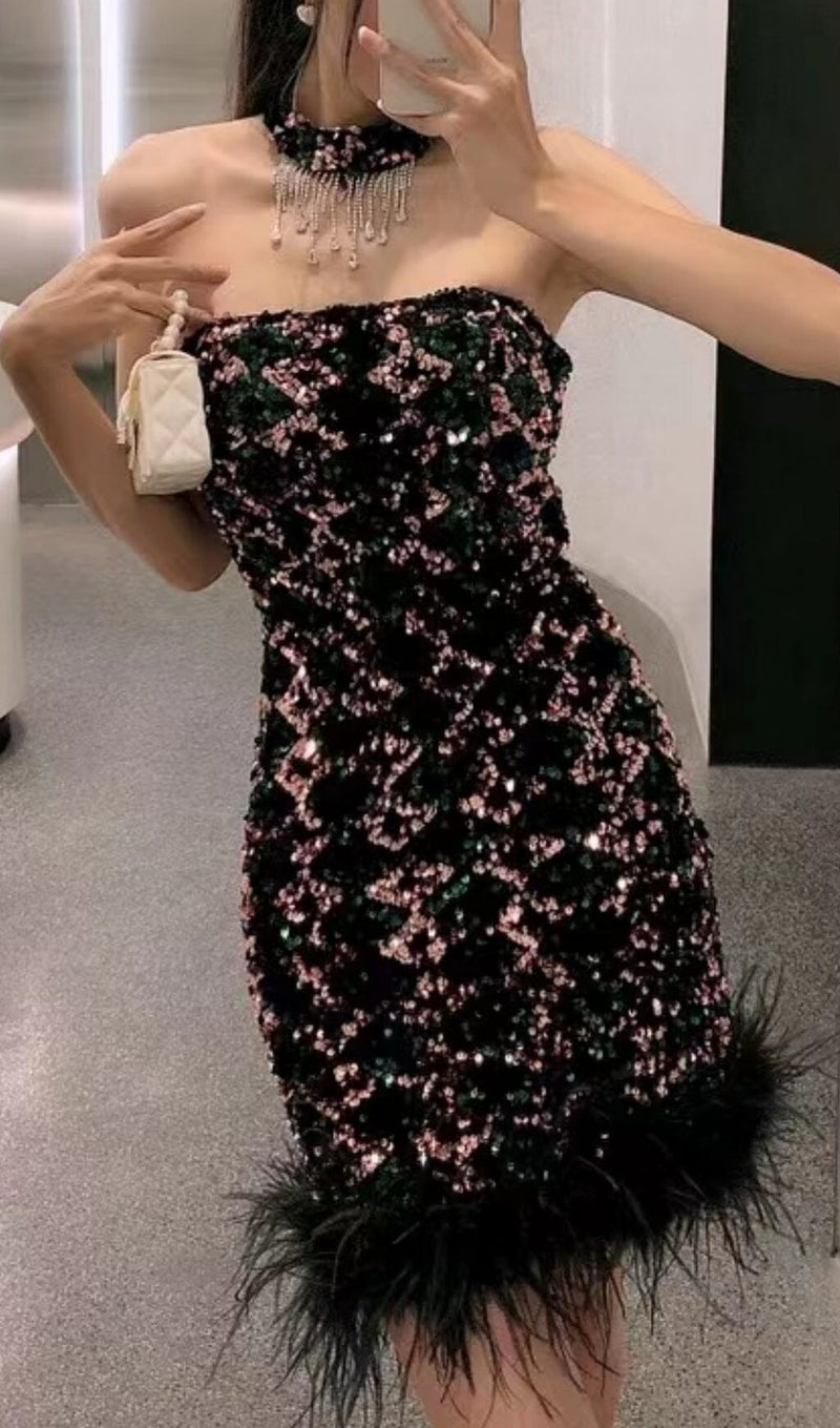 SEQUIN STRAPLESS SLEEVES MINI DRESS IN BLACK styleofcb 