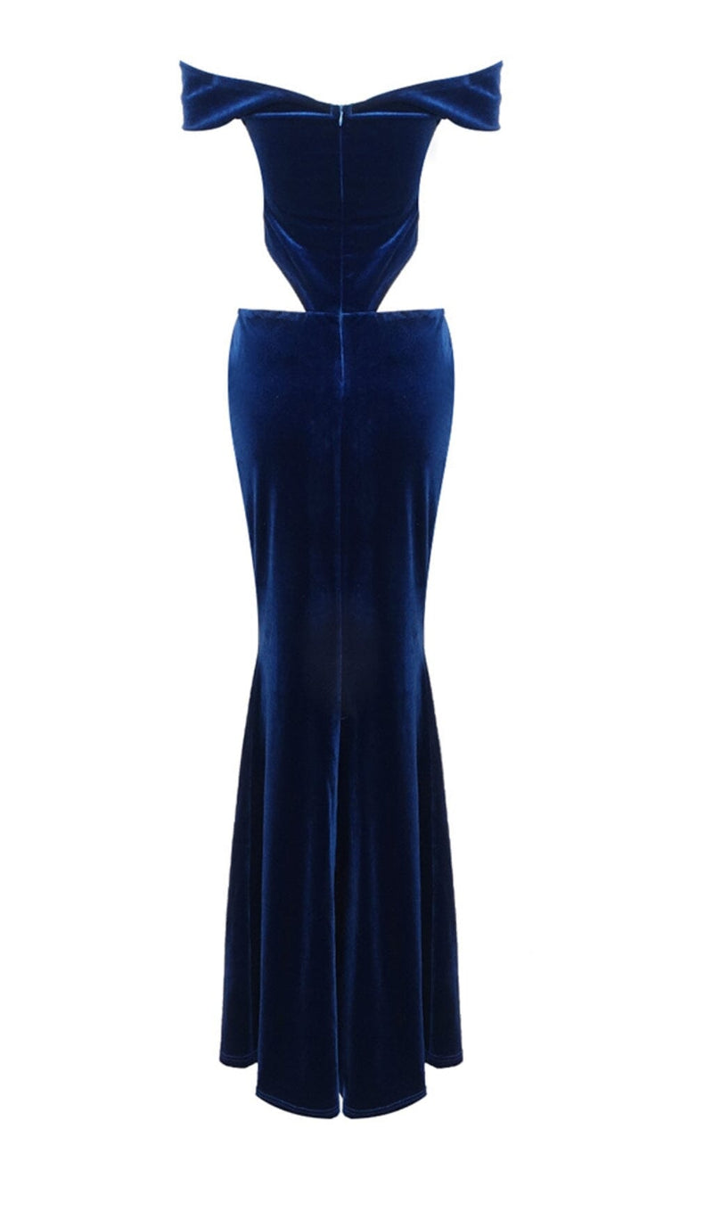 OFF SHOULDER WAIST HOLLOW VELVET MAXI DRESS IN BLUE styleofcb 