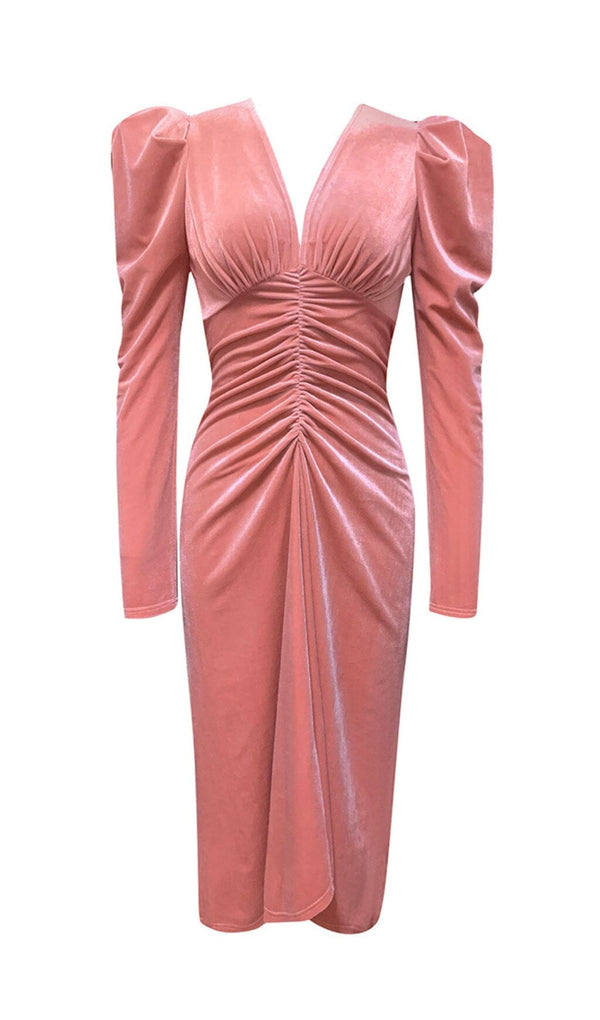 PINK LEG SLEEVE V-NECK VELVET DRESS styleofcb 