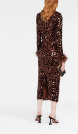 SEQUIN FEATHER LONG SLEEVES MIDI DRESS styleofcb 