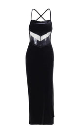 BLACK VELVET PATCHWORK LACE HALTER MAXI DRESS styleofcb 