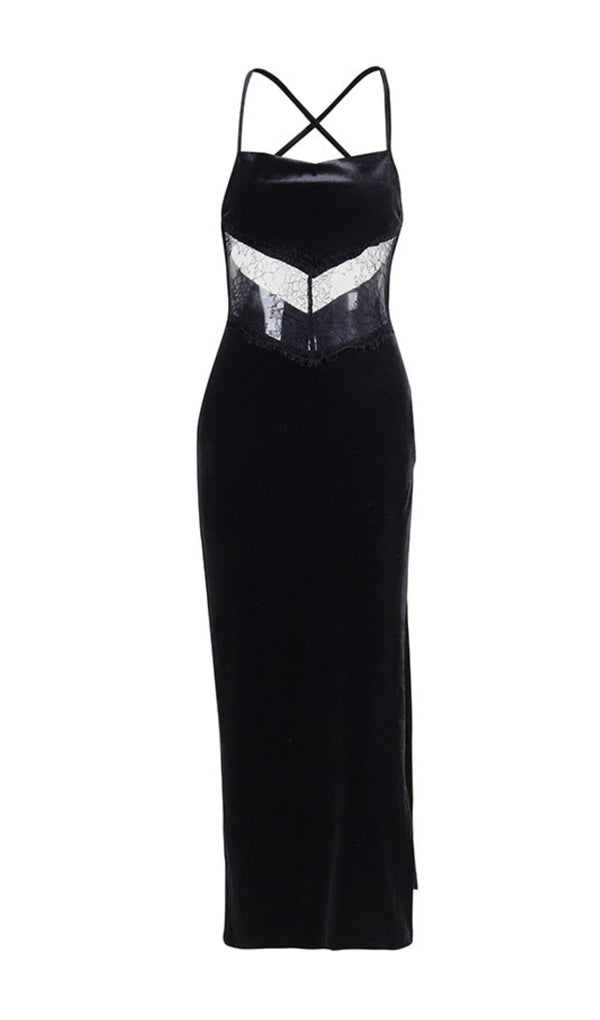 BLACK VELVET PATCHWORK LACE HALTER MAXI DRESS styleofcb 