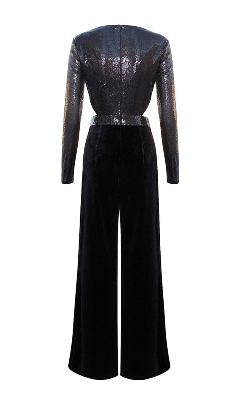 VELVET SEQUIN CUT-OUT FLOOR-LENGTH JUMPSUIT IN BLACK styleofcb 