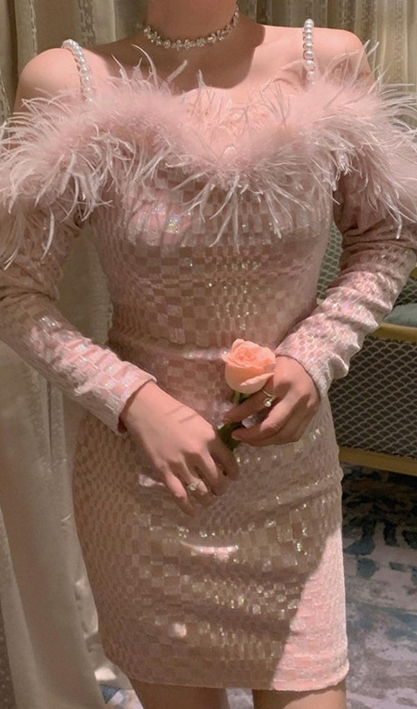 OFF SHOULDER FEATHER MINI DRESS IN PINK styleofcb 