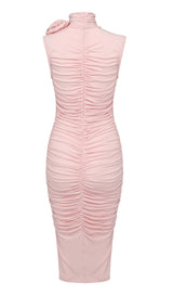 RUCHED APPLIQUÉD MIDI DRESS IN LIGHT PEACH DRESS styleofcb 