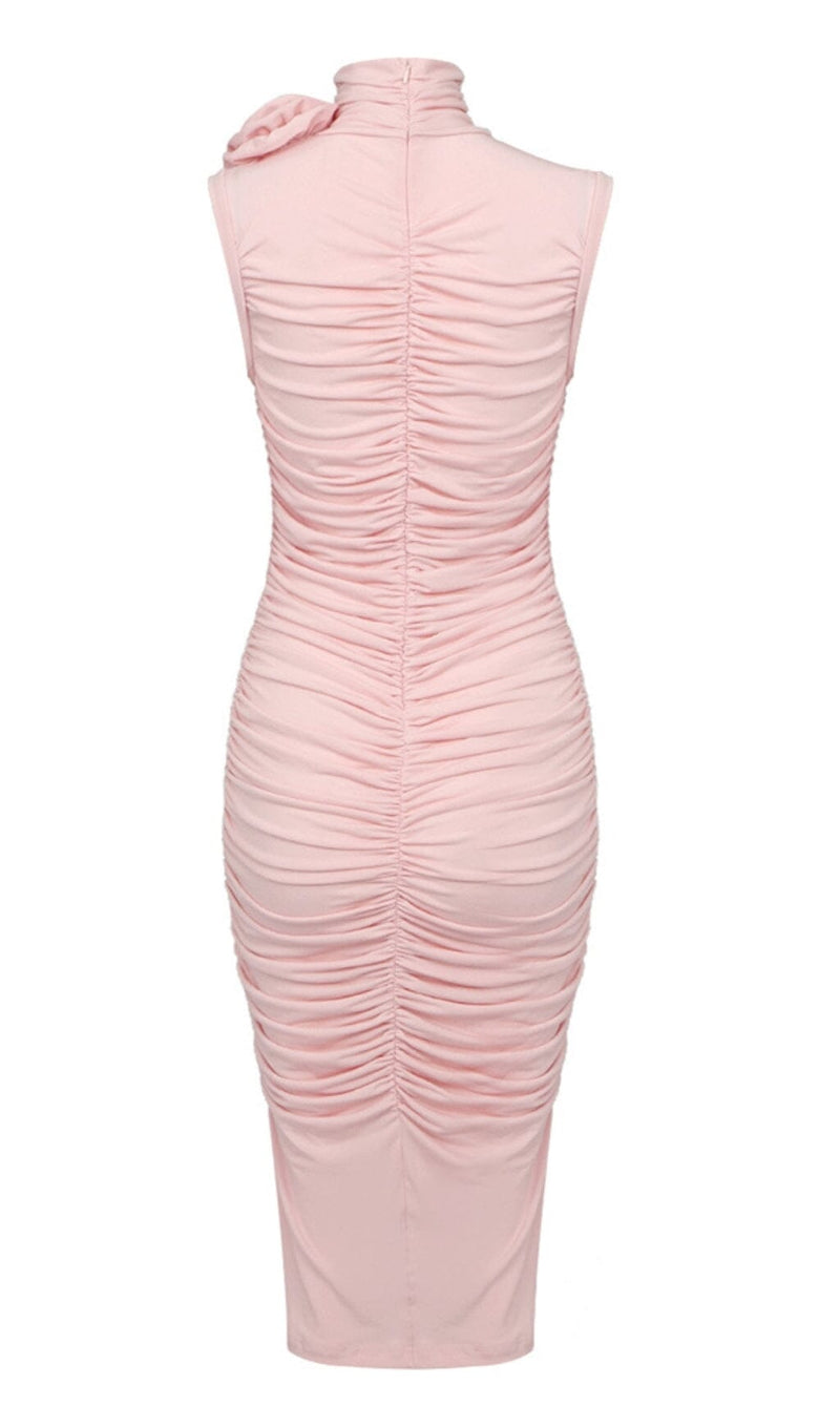 RUCHED APPLIQUÉD MIDI DRESS IN LIGHT PEACH DRESS styleofcb 