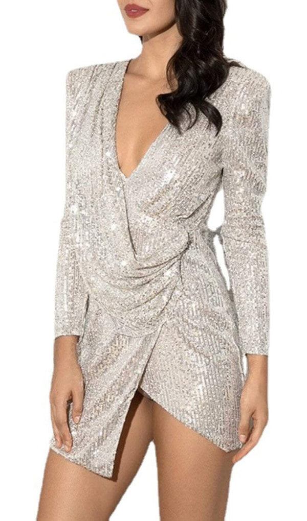 SEQUIN IRREGULAR PLEATED FASHION MINI DRESS IN SILVER styleofcb 