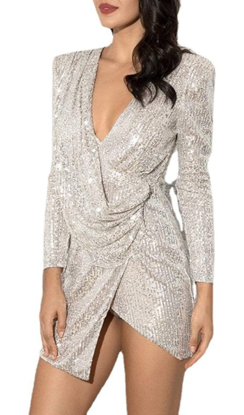 SEQUIN IRREGULAR PLEATED FASHION MINI DRESS IN SILVER styleofcb 