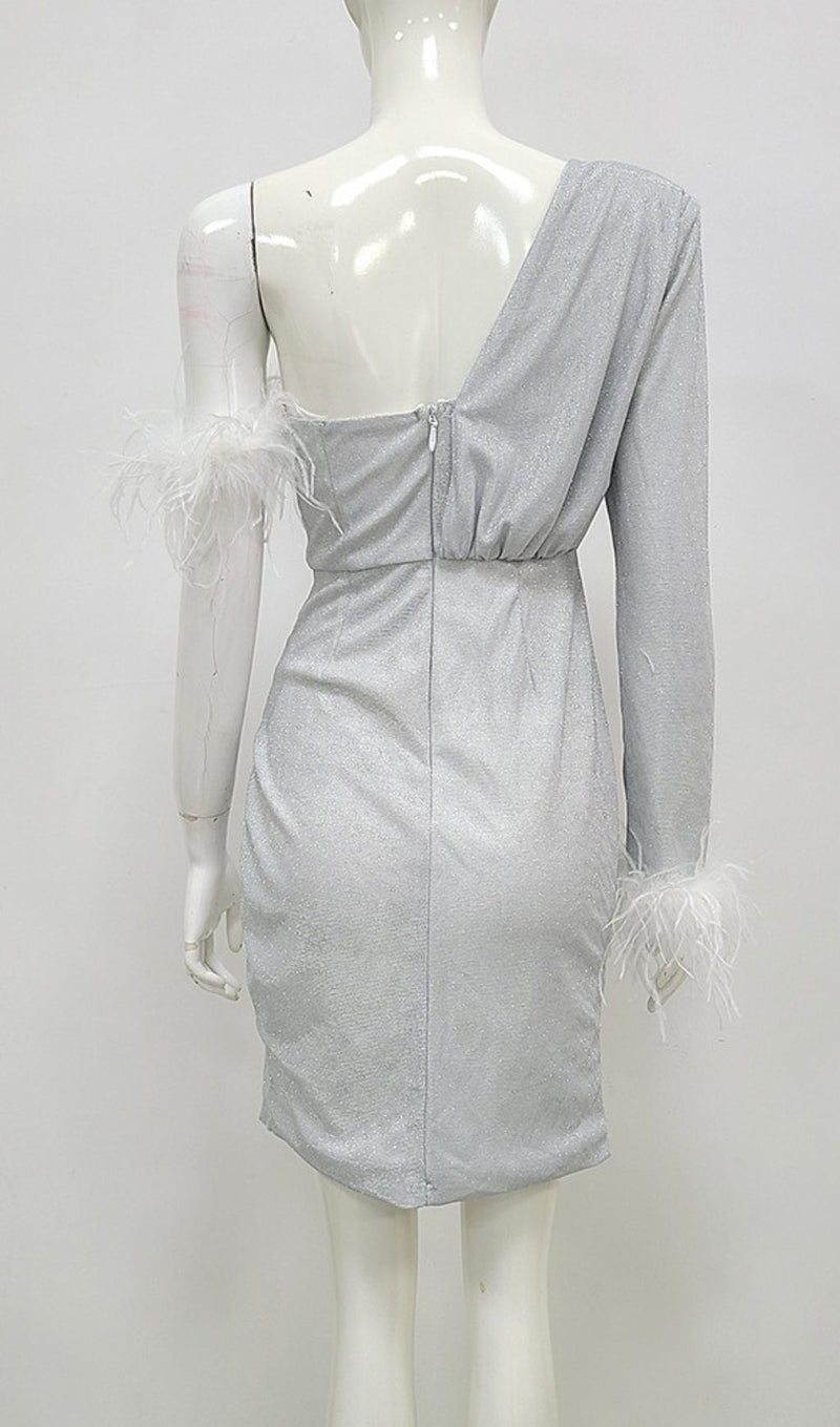 LONG SLEEVE SEQUIN FEATHER MINI DRESS IN SILVER styleofcb 
