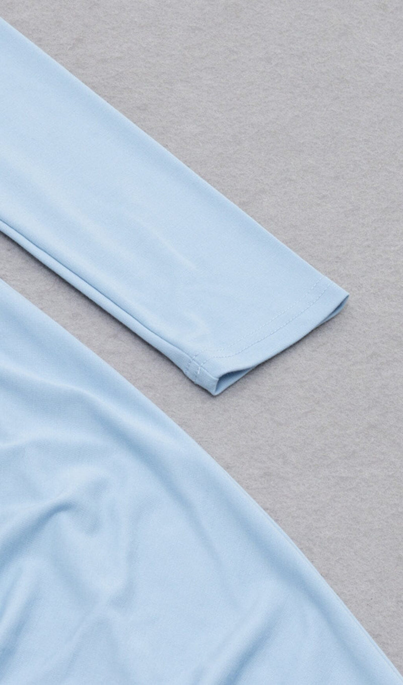 SKY BLUE HANGING NECK OFF-THE-SHOULDER WAIST HOLLOW HIGH SLIT STRETCH MIDI DRESS styleofcb 