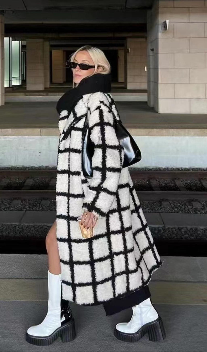 Nina Faux Fur Check Coat Cream And Black Coats & Jackets styleofcb 