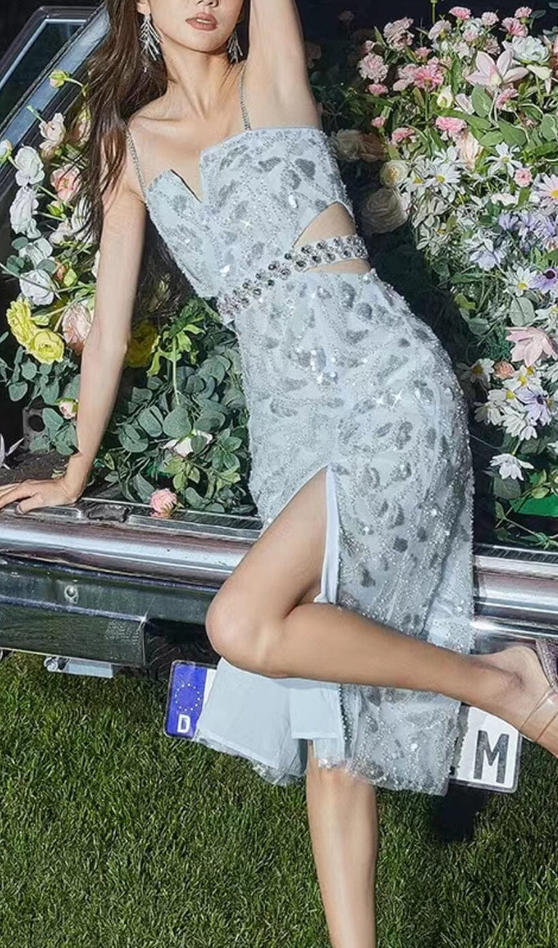 MESH DIAMOND CUT-OUT WAISTLESS SEQUIN SPLID DRESS IN LIGHT BLUE styleofcb 