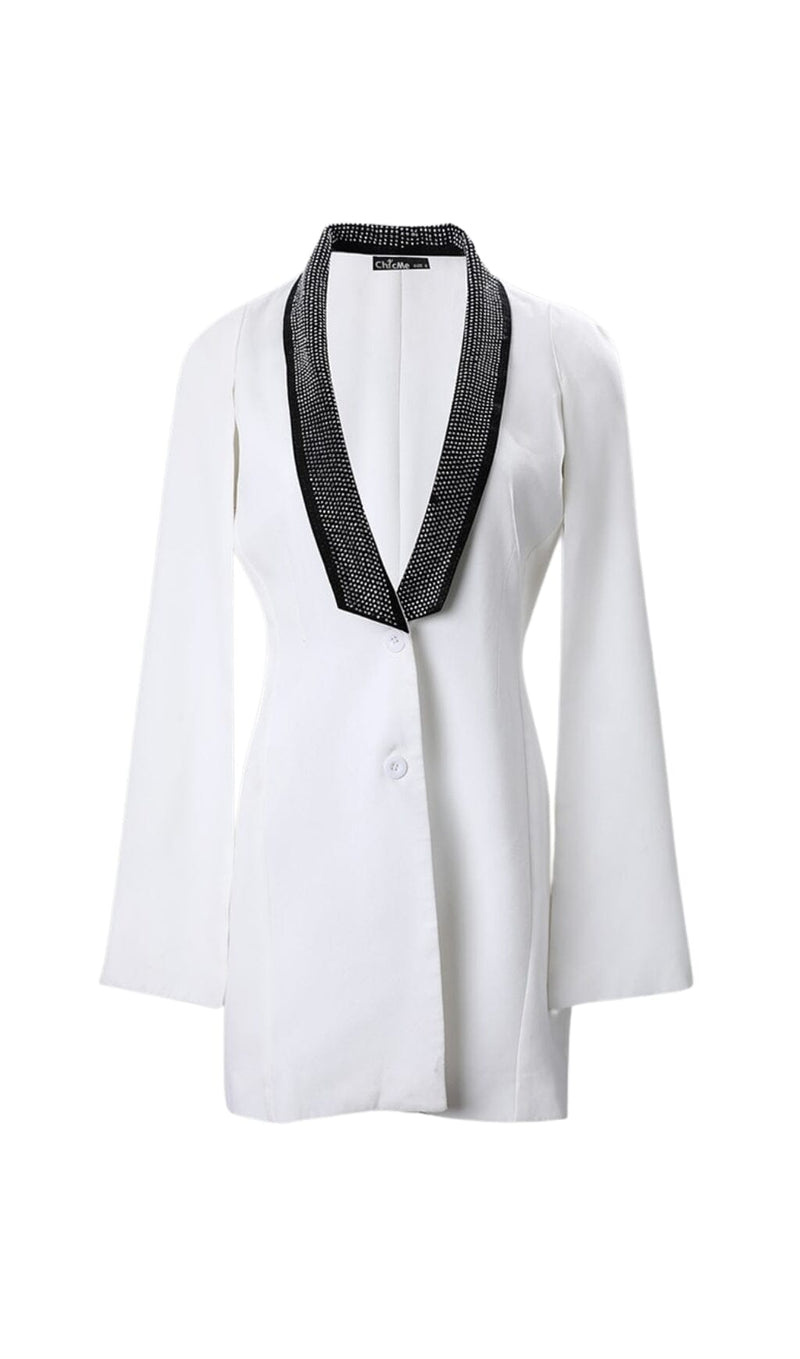 V-NECK DIAMOND DECORATIVE NECKLINE CLOAK DRESS IN WHITE styleofcb 