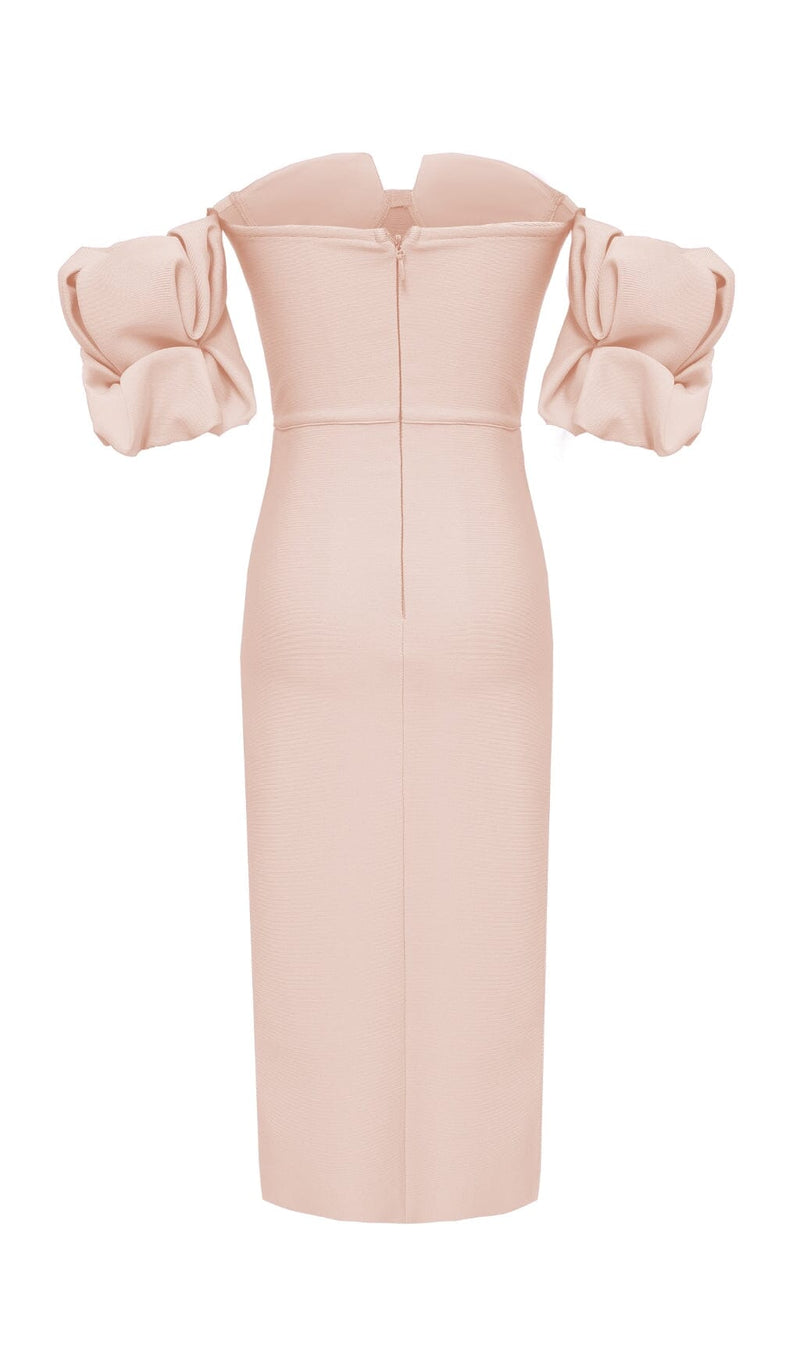 STRAPLESS DRAPED SLEEVE SLITS BANDAGE DRESS IN BEIGE Dresses styleofcb 