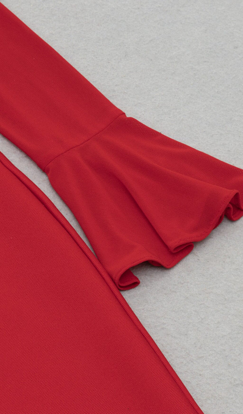 BANDAGE HANGING NECK RUFFLE SLEEVE STRETCH SLIM DRESS RED styleofcb 