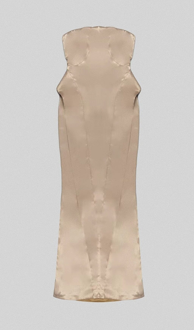 SATIN STRAPLESS MERMAID MAXI DRESS IN BEIGE STYLE OF CB 