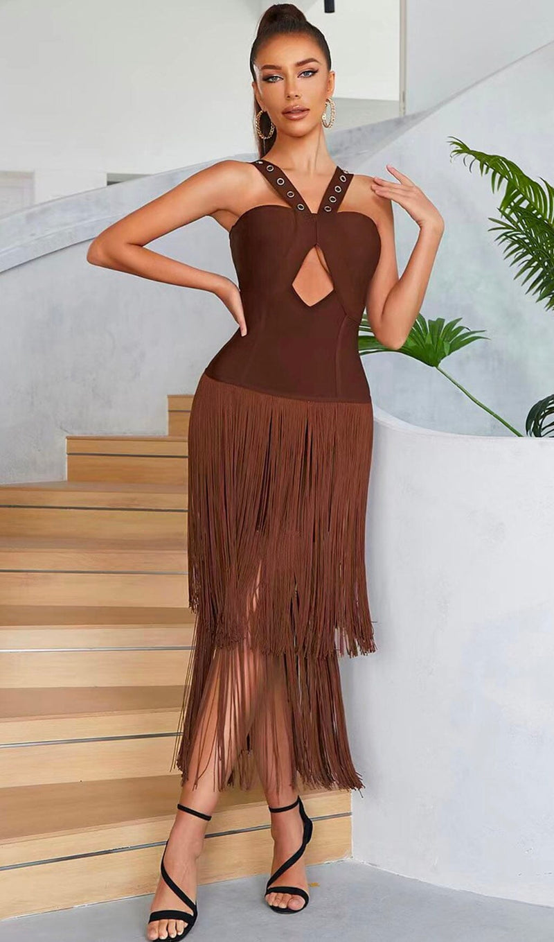 BROWN SLEEVELESS CHEST HOLLOW FRINGE HEM SKINNY MAXI DRESS styleofcb 