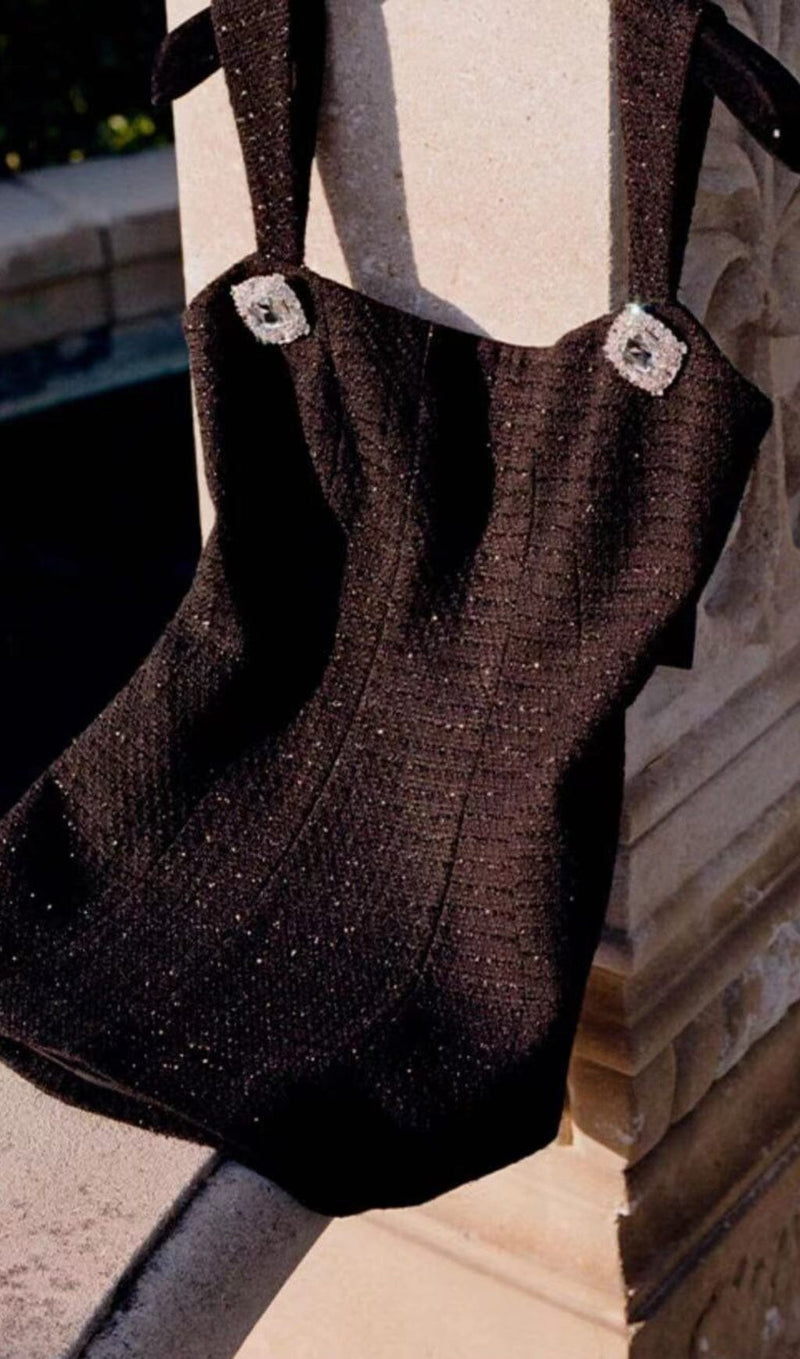 BOW-EMBELLISHED RHINESTONE MINI DRESS IN BLACK DRESS STYLE OF CB 