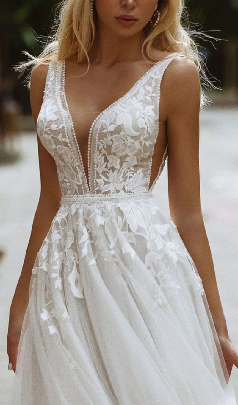 LARGE V-NECK SEE-THROUGH LACE HALTER DRESS IN WHITE styleofcb 