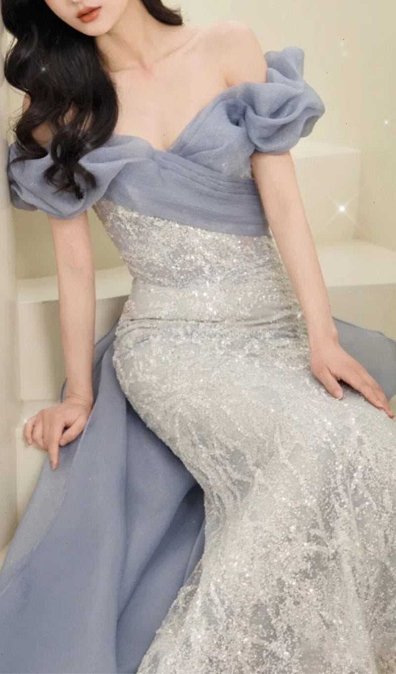 ONE-SHOULDER PUFF SLEEVE SEQUIN STITCHED MAXI DRESS Dresses styleofcb 