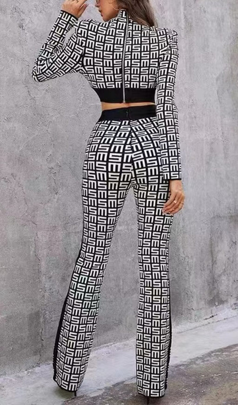 MONOGRAM PRINTED SHOULDER PAD SUIT IN WHITE AND BLACK styleofcb 