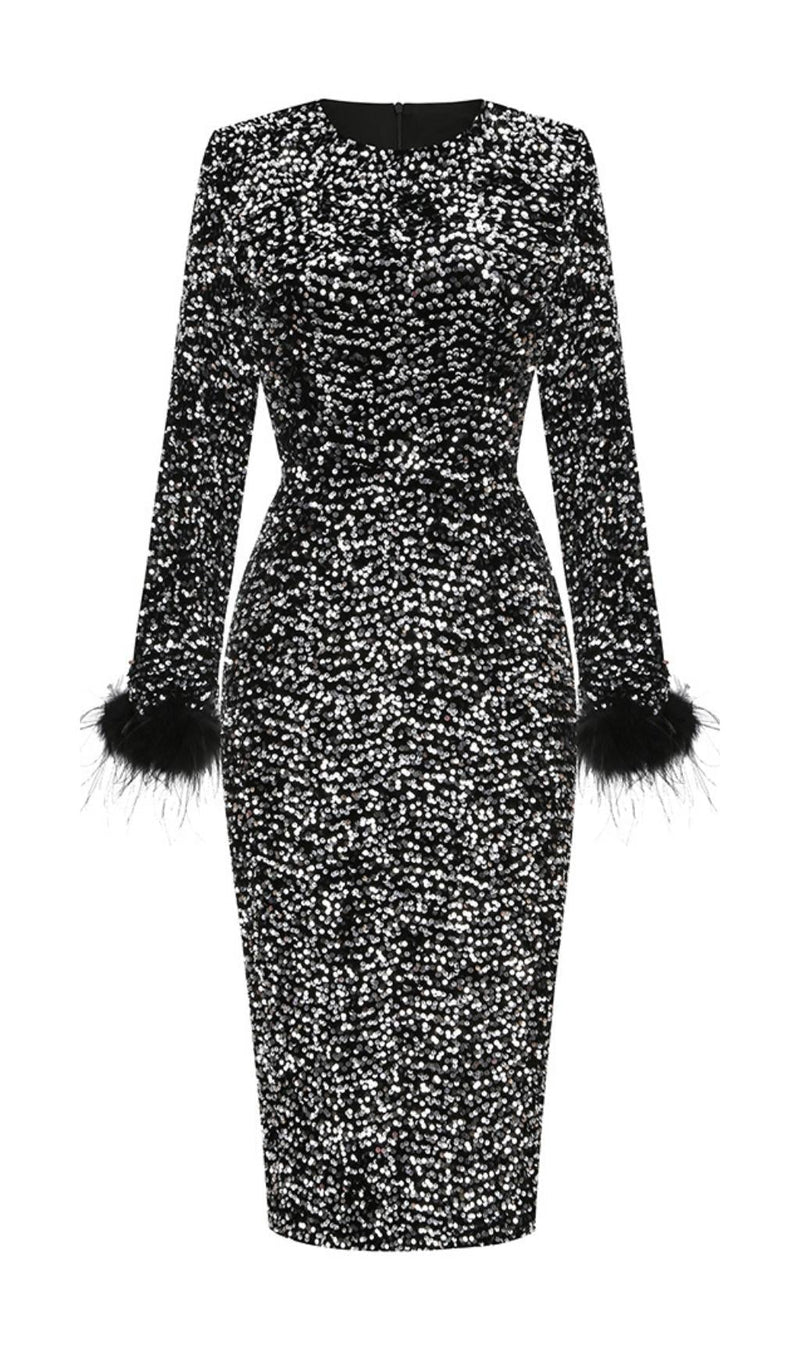 SEQUIN FEATHER LONG SLEEVES MIDI DRESS styleofcb 