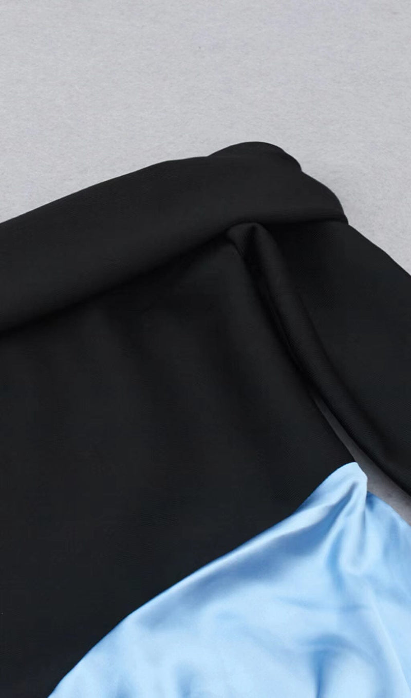 ONE-LINE SHOULDER LOTUS LEAF FISH TAIL DRESS IN BLACK AND BLUE SPLICED styleofcb 