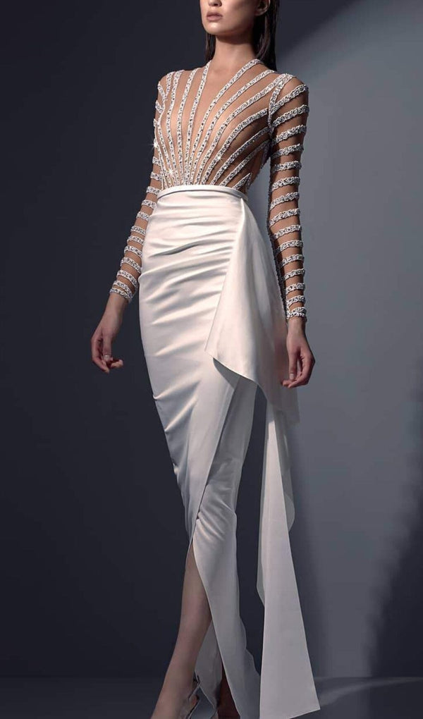 DIAMOND PERSPECTIVE IRREGULAR HEMLINE DRESS IN WHITE styleofcb 