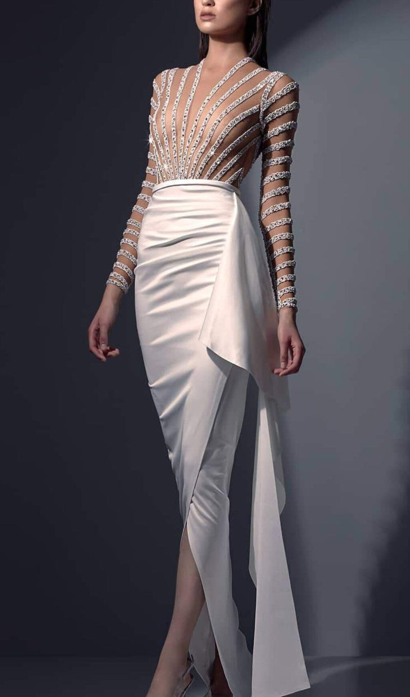 DIAMOND PERSPECTIVE IRREGULAR HEMLINE DRESS IN WHITE styleofcb 