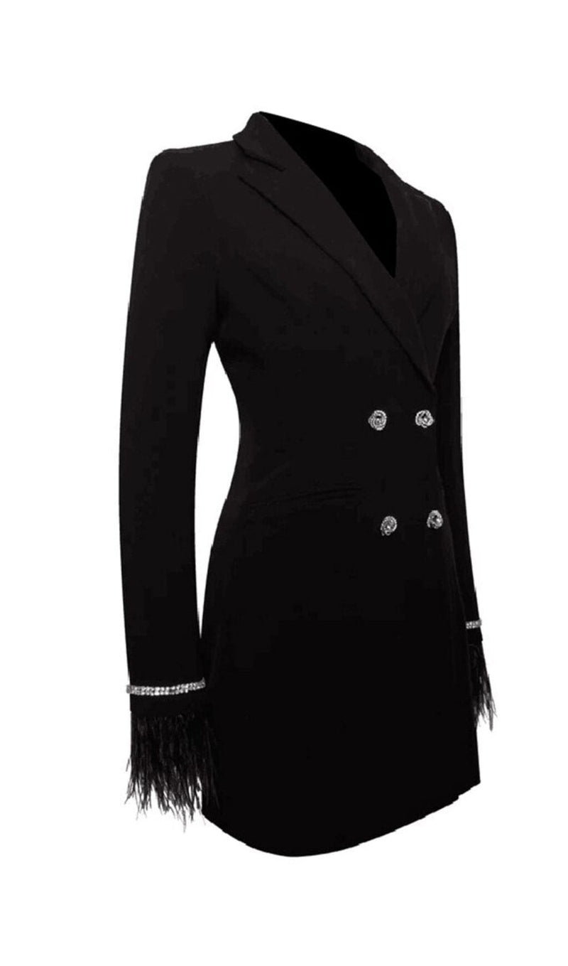QUILLA BLACK FEATHER CRYSTAL SLEEVE BACKLESS BLAZER DRESS Dresses styleofcb 