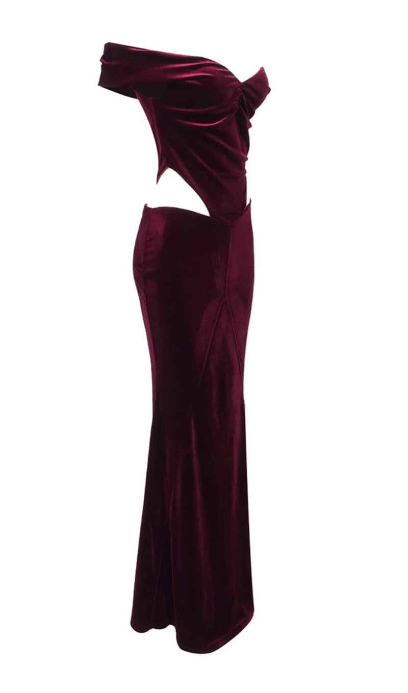 OFF SHOULDER WAIST HOLLOW VELVET MAXI DRESS IN BURGUNDY styleofcb 