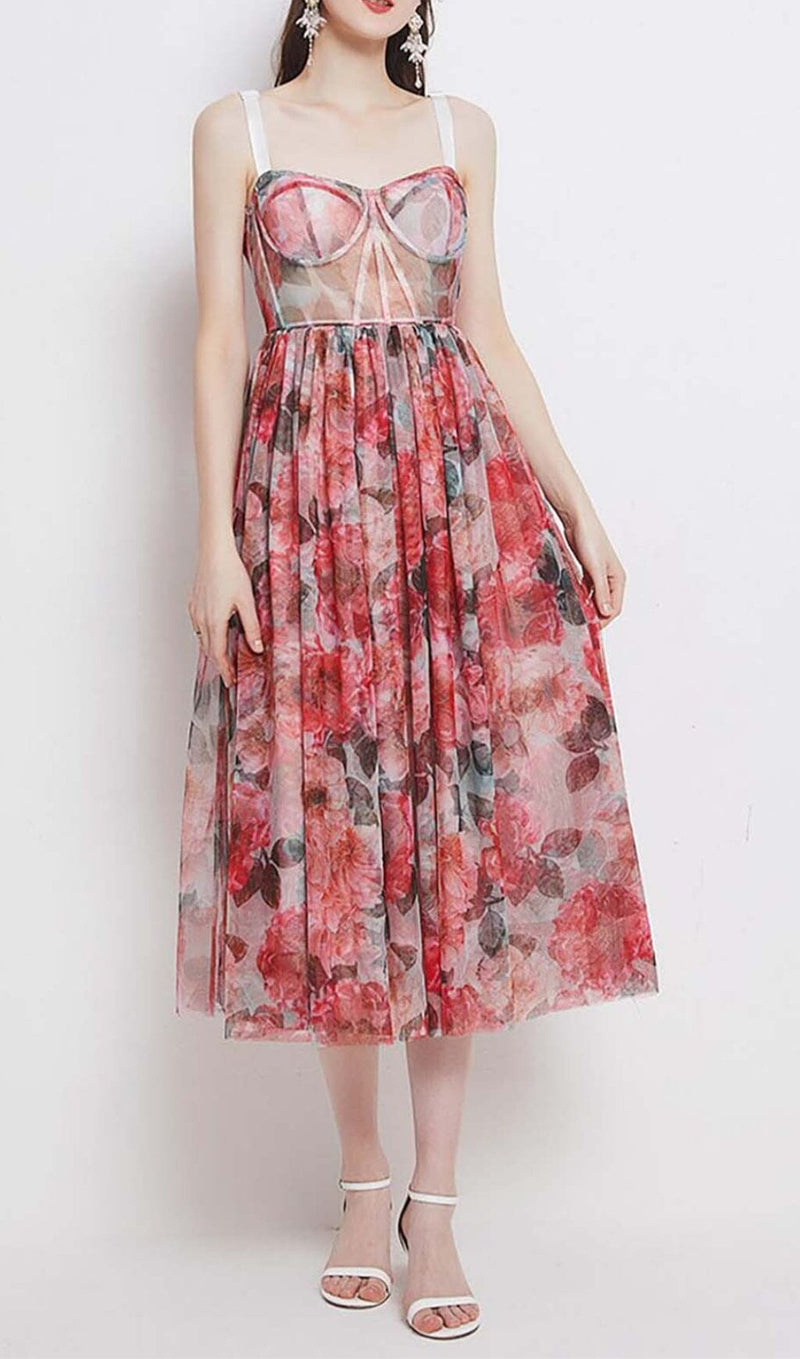 FLORAL-PRINT CORSET MIDI DRESS IN PINK DRESS STYLE OF CB 
