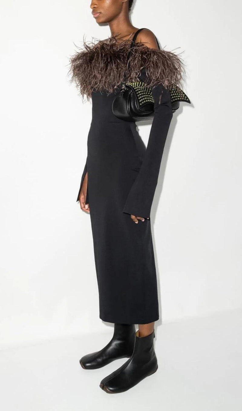 FEATHER OFF THE SHOULDER MIDI DRESS Dresses styleofcb S BLACK 