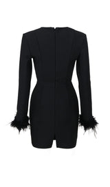 STRETCH LONG SLEEVES FEATHER MINI DRESS IN BLACK Dresses styleofcb 
